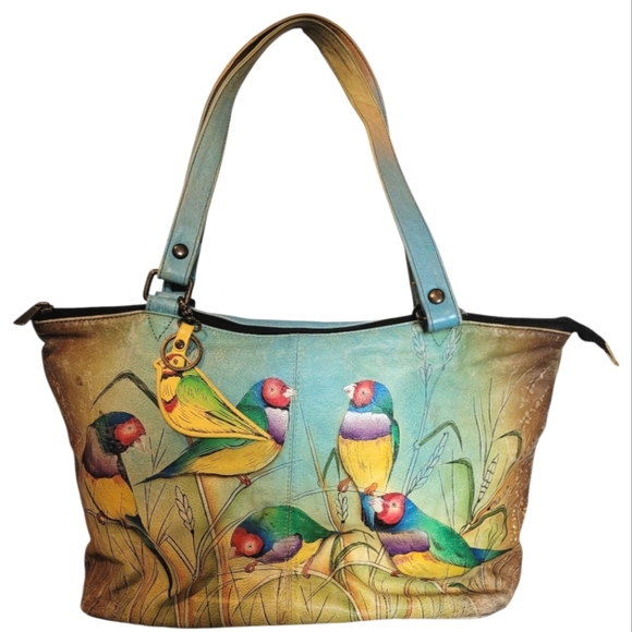 Anuschka Leather Vibrant Hand-Painted Parrot Design Tote Bag Artsy Boho Unique - Picture 1 of 16
